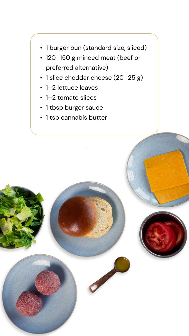 Ingredients for a cannabis burger: burger bun, minced meat, cheddar cheese, lettuce, tomato, sauce, and cannabis butter