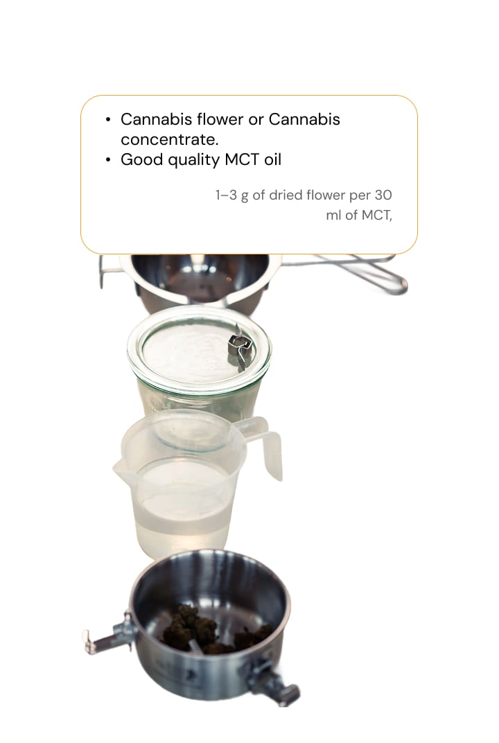 Cannabis MCT Oil Ingredients – Flower or Concentrate with MCT Carrier Oil Ingredients for cannabis MCT oil infusion including dried cannabis flower, MCT oil, jar, and strainer