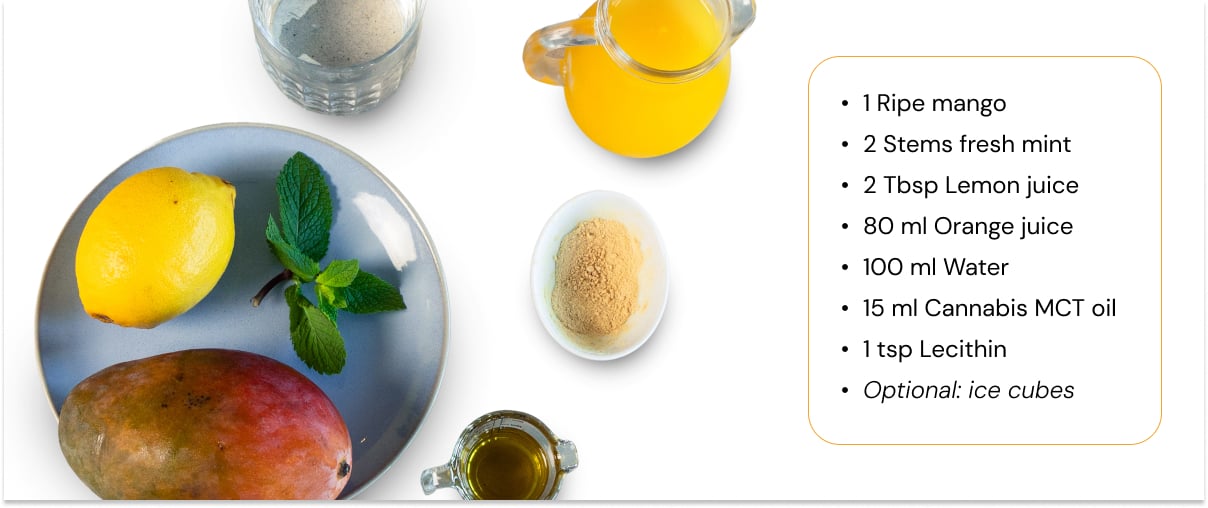 Ingredients for a cannabis smoothie with mango, lemon, mint, orange juice, water, cannabis MCT oil, and lecithin laid out on a white background.