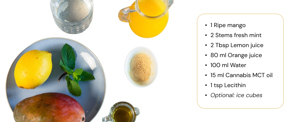 How to make a cannabis smoothie with mango, citrus, and cannabis MCT oil Ingredients for a cannabis smoothie with mango, lemon, mint, orange juice, water, cannabis MCT oil, and lecithin laid out on a white background.