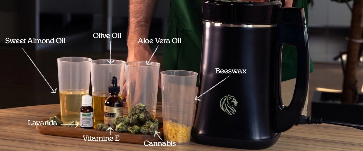 Discover the natural ingredients used to make cannabis balm, including sweet almond oil, olive oil, aloe vera oil, lavender, vitamin E, beeswax, and cannabis