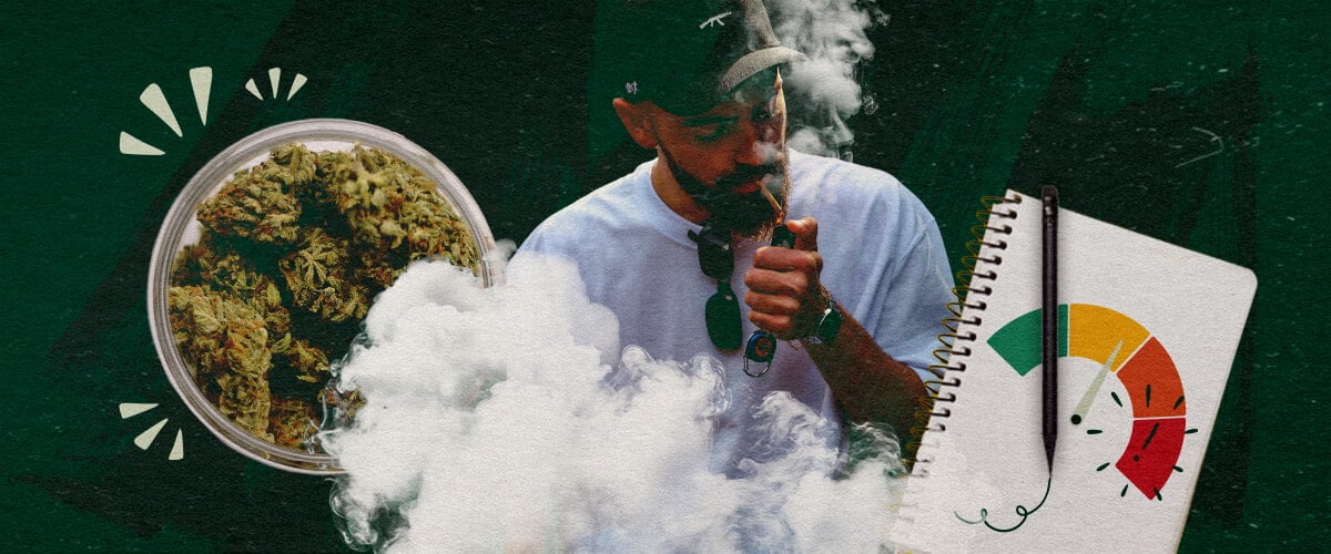 Monitoring Your Body's Response to Cannabis Man vaping cannabis with a jar of buds and a gauge illustrating body response monitoring.
