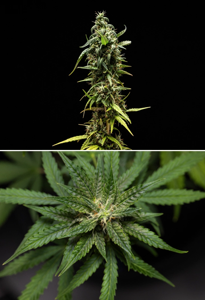 NYC Sour Diesel Auto cannabis plant in week 8 of flowering with milky trichomes, compact aromatic buds, heavy resin production, and a slightly less mature top cola near harvest