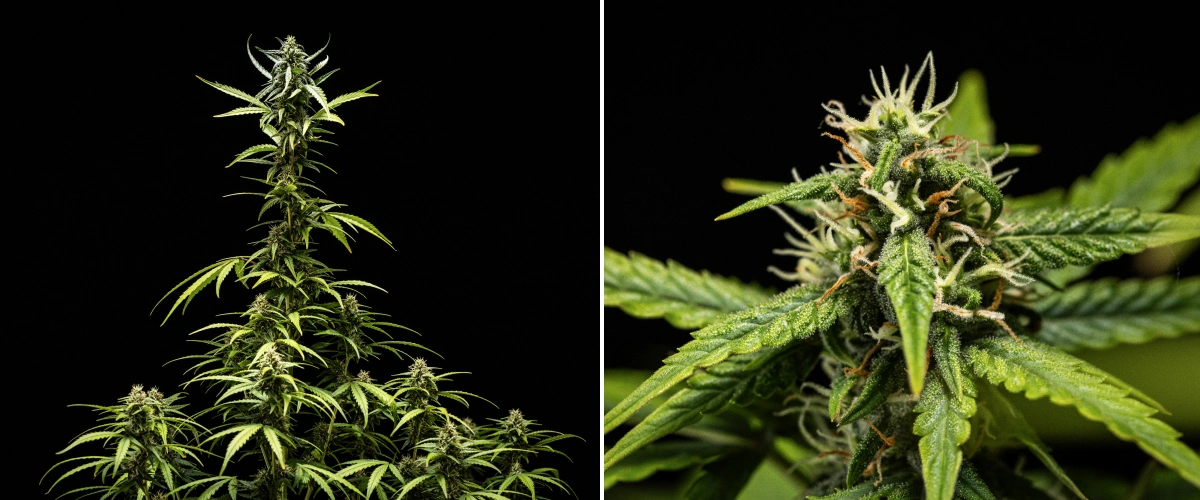 NYC Sour Diesel Auto cannabis plant in week 7 of flowering with dense sticky buds, increased resin production, a main cola close to the light, slight leaf paling, and supported bending branches