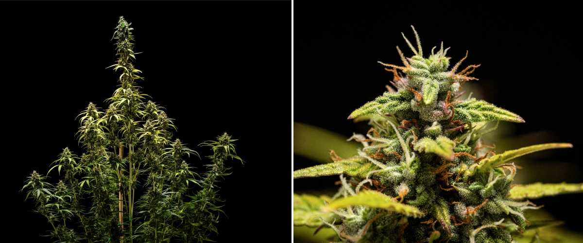 NYC Sour Diesel Auto cannabis plant in week 9 of flowering at harvest, with mostly cloudy trichomes, dense flowers, a tall structure, and slight light stress on the top cola