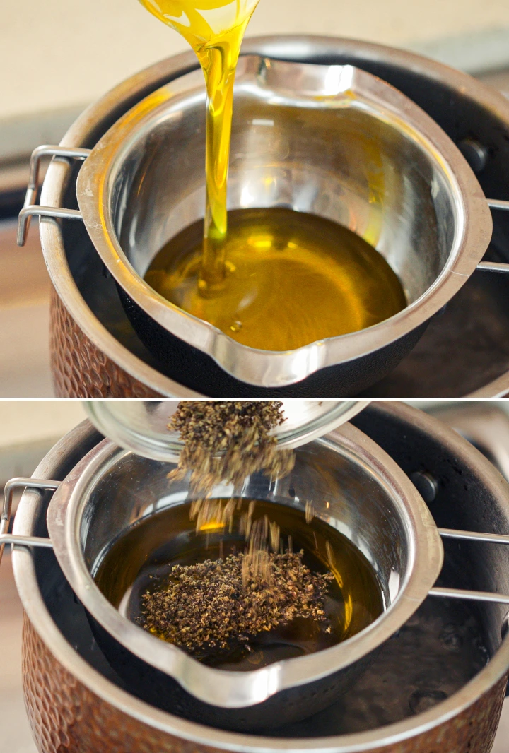 Cannabis Olive Oil Extraction in a Double Boiler Olive oil being heated in a double boiler while decarboxylated cannabis is added for extraction.