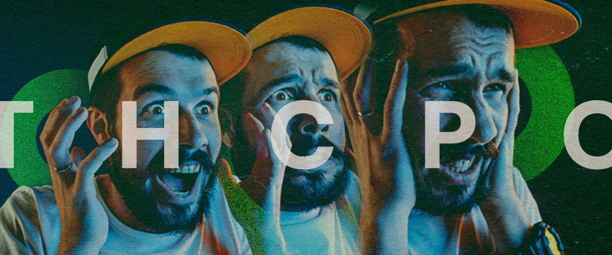Dynamic image of three expressive men with shocked faces wearing yellow hats, overlaid with 