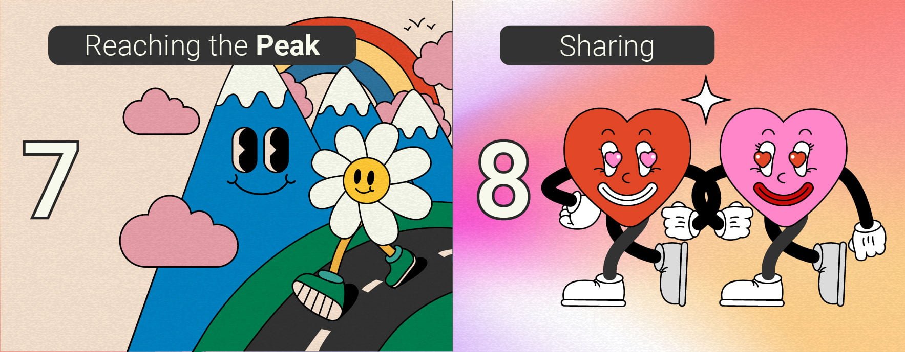 An infographic illustrating the seventh and eighth stages of being high. Stage 7, "Reaching the Peak," shows a person experiencing deep introspection and focus as the high stabilizes. Stage 8, "Sharing," depicts individuals reconnecting and bonding over shared thoughts and feelings as THC levels gradually decrease.