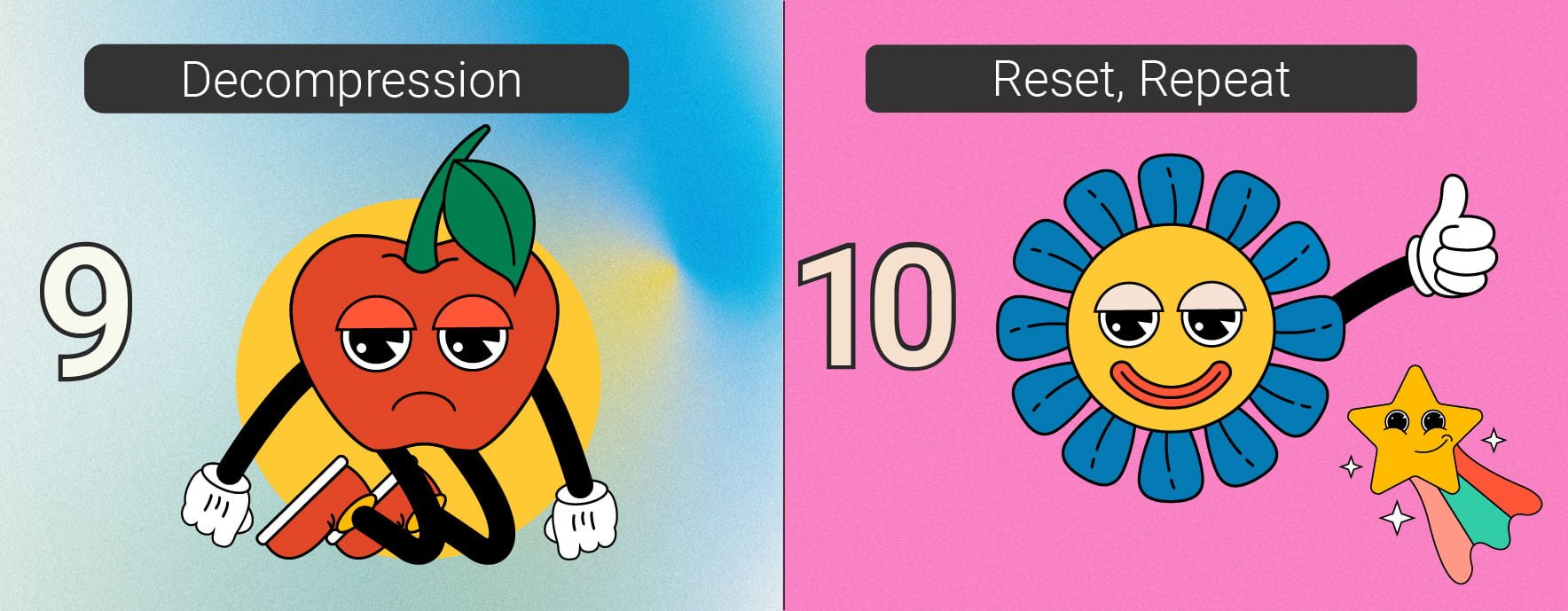 An infographic showing the final stages of being high. Stage 9 represents the "come-down," where the user feels tired or lightheaded as the high begins to fade. Stage 10, "Reset, Repeat," depicts the cyclical nature of the experience, with varying effects and sensations influenced by different factors such as mood, environment, and method of ingestion.