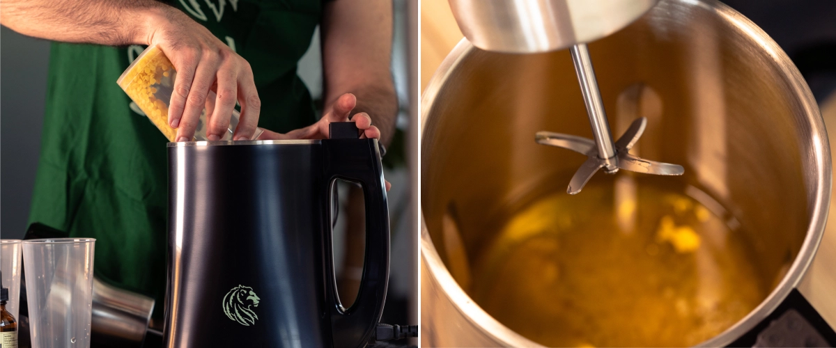 Learn how to add beeswax to warm cannabis-infused oil and blend it smoothly to create a natural cannabis balm.