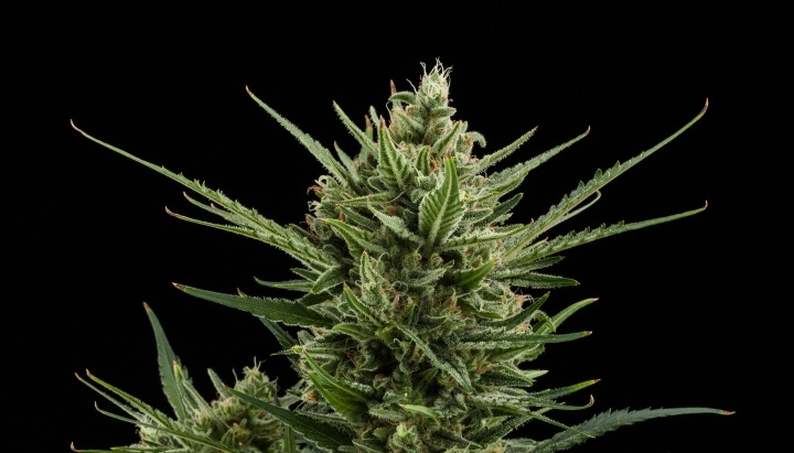 Sweet Skunk Auto cannabis bud with dense resinous flowers, green sugar leaves, orange pistils, and compact growth against a dark background.