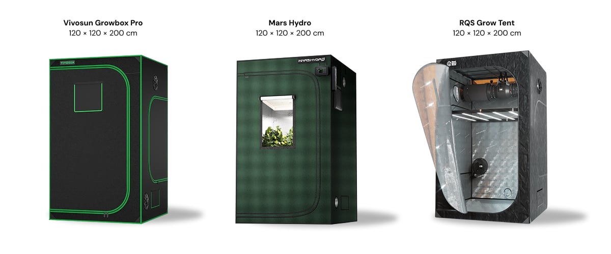 Three 120 × 120 × 200 cm grow tents shown side by side: Vivosun Growbox Pro, Mars Hydro, and RQS Grow Tent