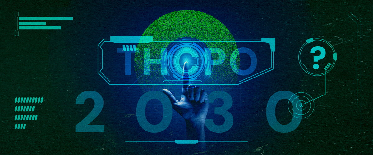 Futuristic image of a hand pressing a holographic 