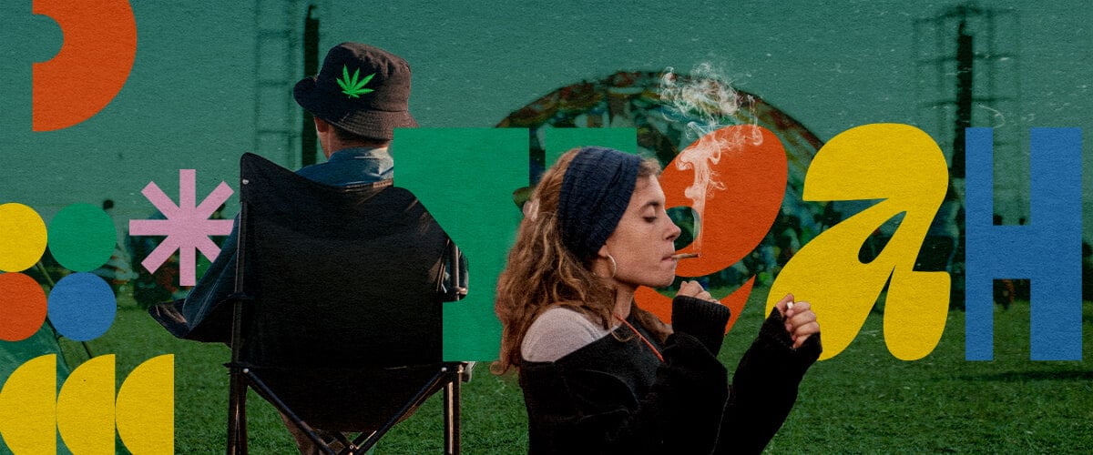 Top Marijuana-Friendly Music Festivals 2025 A person smoking a joint at a vibrant marijuana-friendly music festival in 2025, sitting in a chair with another individual in the background, set against a colorful backdrop of green, orange, and yellow geometric shapes and a cannabis leaf hat.
