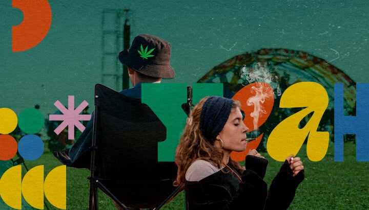 Top Marijuana-Friendly Music Festivals 2025 A person smoking a joint at a vibrant marijuana-friendly music festival in 2025, sitting in a chair with another individual in the background, set against a colorful backdrop of green, orange, and yellow geometric shapes and a cannabis leaf hat.