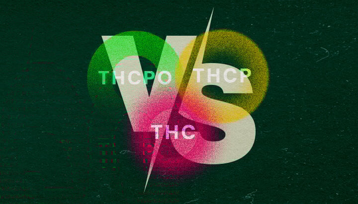 Colorful graphic comparing THCPO, THCP, and THC with bold text and vibrant green, pink, and yellow hues on a dark green background, perfect for cannabis comparison articles.