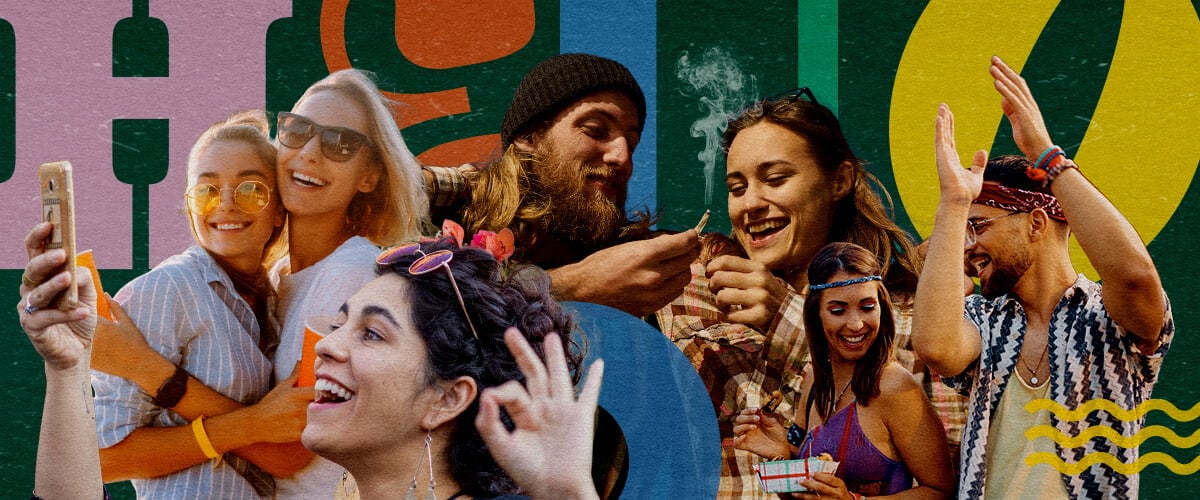 Vibrant Marijuana-Friendly Music Festival Scene Group of friends at a marijuana-friendly music festival, smiling, taking selfies, dancing, and sharing a joint, with a colorful background of green, yellow, and blue geometric shapes, capturing the lively festival atmosphere.