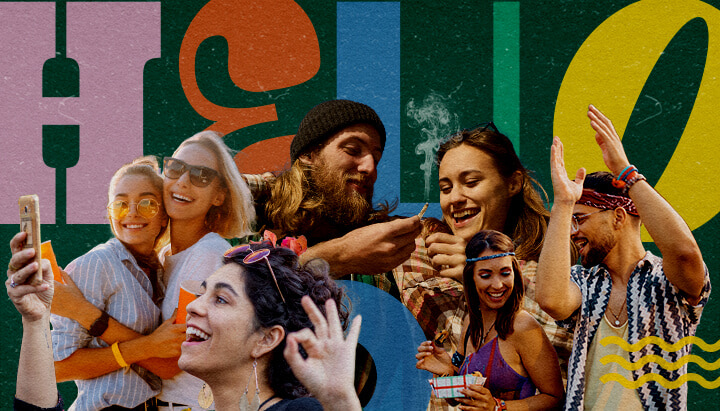 Vibrant Marijuana-Friendly Music Festival Scene Group of friends at a marijuana-friendly music festival, smiling, taking selfies, dancing, and sharing a joint, with a colorful background of green, yellow, and blue geometric shapes, capturing the lively festival atmosphere.