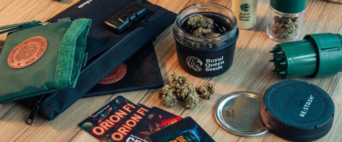 Cannabis Storage Essentials in One Setup Image showing cannabis buds and several storage accessories arranged on a wooden surface.