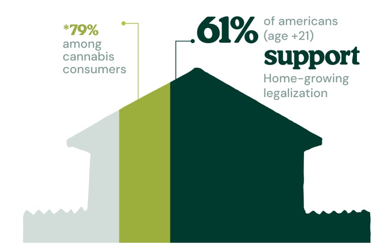Infographic showing that 61% of Americans aged 21+ support home-growing legalization, rising to 79% among cannabis consumers.