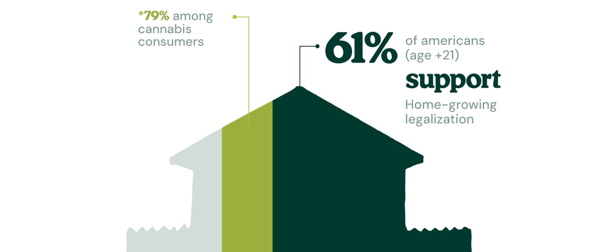 Infographic showing that 61% of Americans aged 21+ support home-growing legalization, rising to 79% among cannabis consumers.