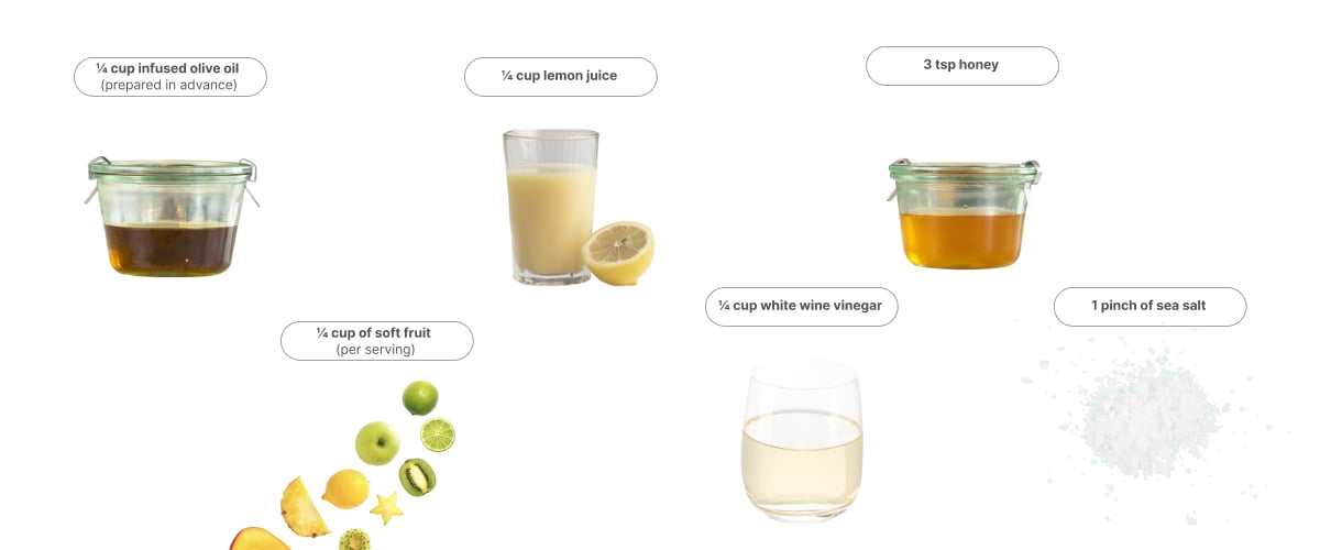 Ingredients for making cannabis vinaigrette, including infused olive oil, soft fruit, lemon juice, white wine vinegar, honey, and sea salt.