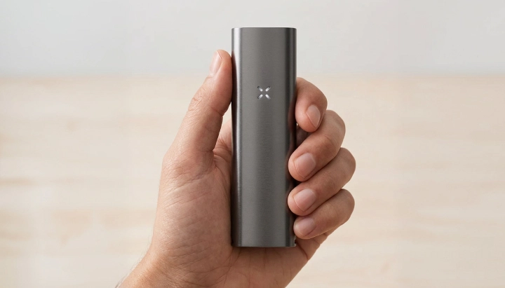 PAX Four Vaporizer Handheld Product View PAX Four vaporizer held in one hand, showing its slim matte body, compact size, and LED petal indicator on the front