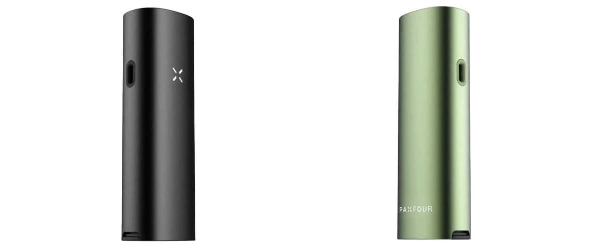 PAX Four Vaporizer Color Options in Black and Green Black and green PAX Four vaporizers shown side by side, highlighting the slim compact design, LED petal indicator, side charging port, and color options
