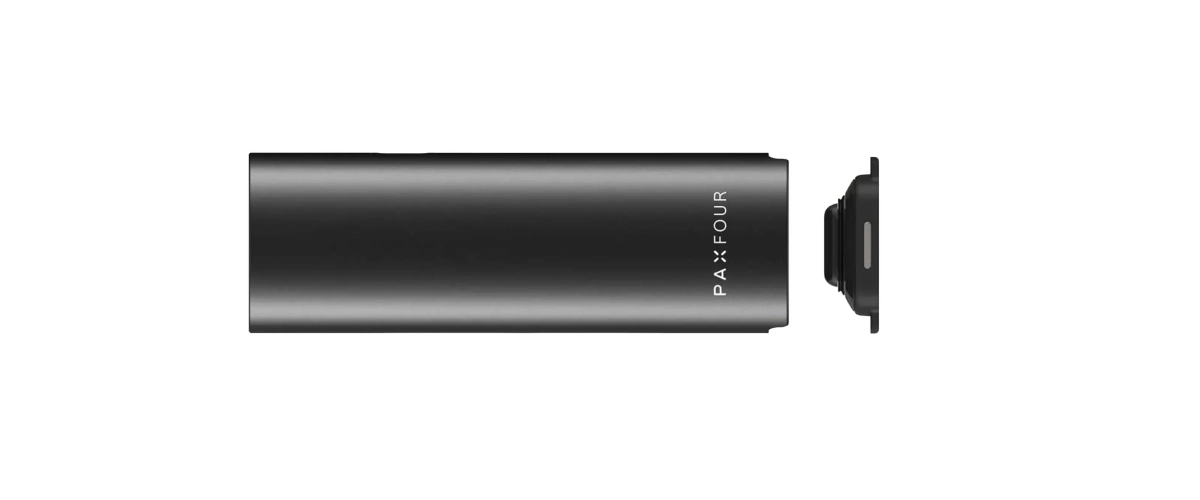 PAX Four Vaporizer With Oven Lid Removed Black PAX Four vaporizer shown horizontally with the oven lid removed, highlighting the compact body and detachable bottom chamber