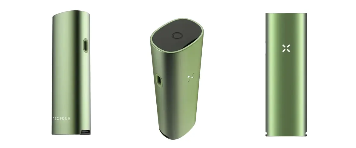 PAX Four Green Vaporizer Product View PAX Four vaporizer in green shown from multiple angles, highlighting its slim design, mouthpiece, power button, LED petal indicator, and compact body
