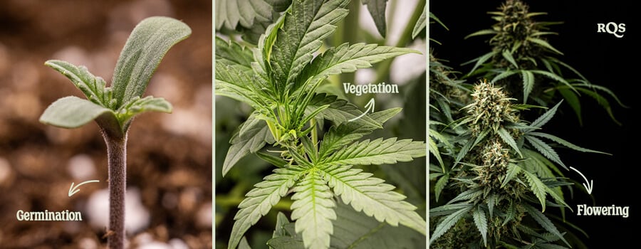 Purple Lemonade Auto Marijuana Plant in Flowering Stage Three stages of cannabis growth: Germination with a seedling, Vegetation with fan leaves, and Flowering with dense buds covered in trichomes.