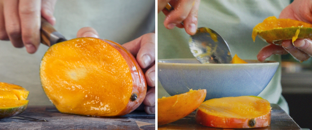 Step 1: Prepare the mango for a smooth and creamy cannabis smoothie Hands peeling and chopping a ripe mango into small pieces on a cutting board to prepare it for a smoothie.