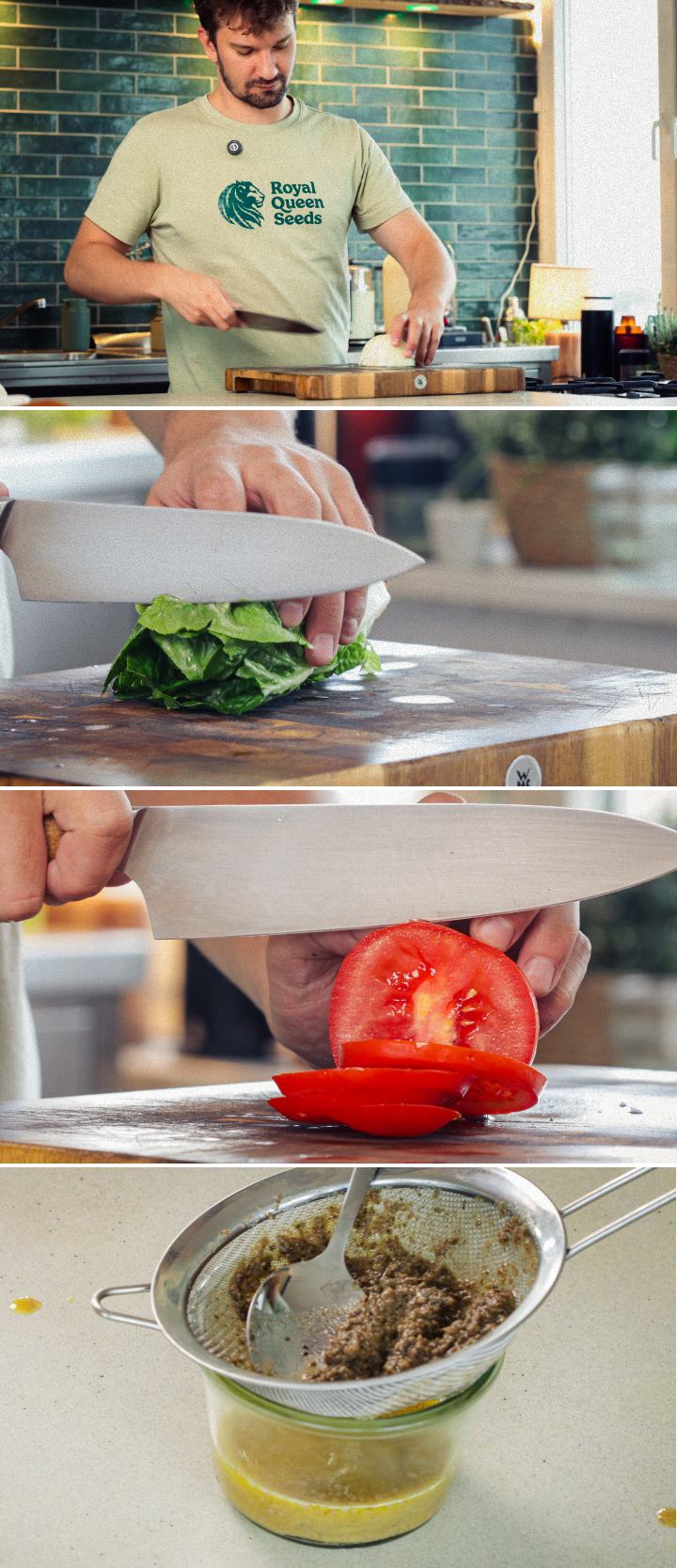 Preparing burger ingredients by slicing tomato, chopping lettuce, shaping minced meat, and warming an infused bun, first step for making a cannabis burger