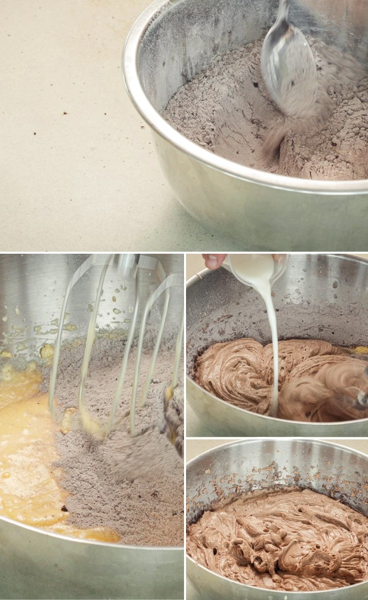 Mixing chocolate cake batter with butter, sugar, eggs, cocoa powder, and milk, second step for baking a cannabis space cake