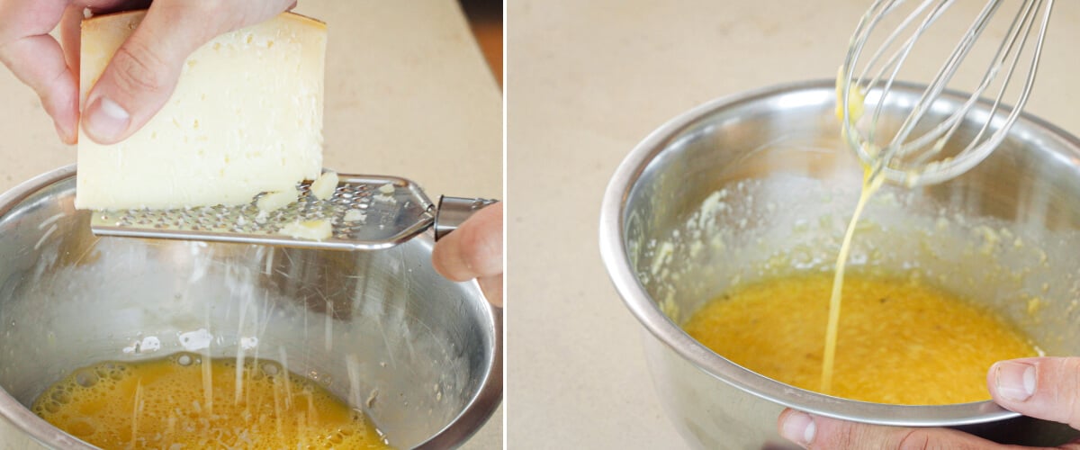 Grating Parmesan into whisked eggs and yolks in a bowl, third step for making cannabis-infused carbonara sauce