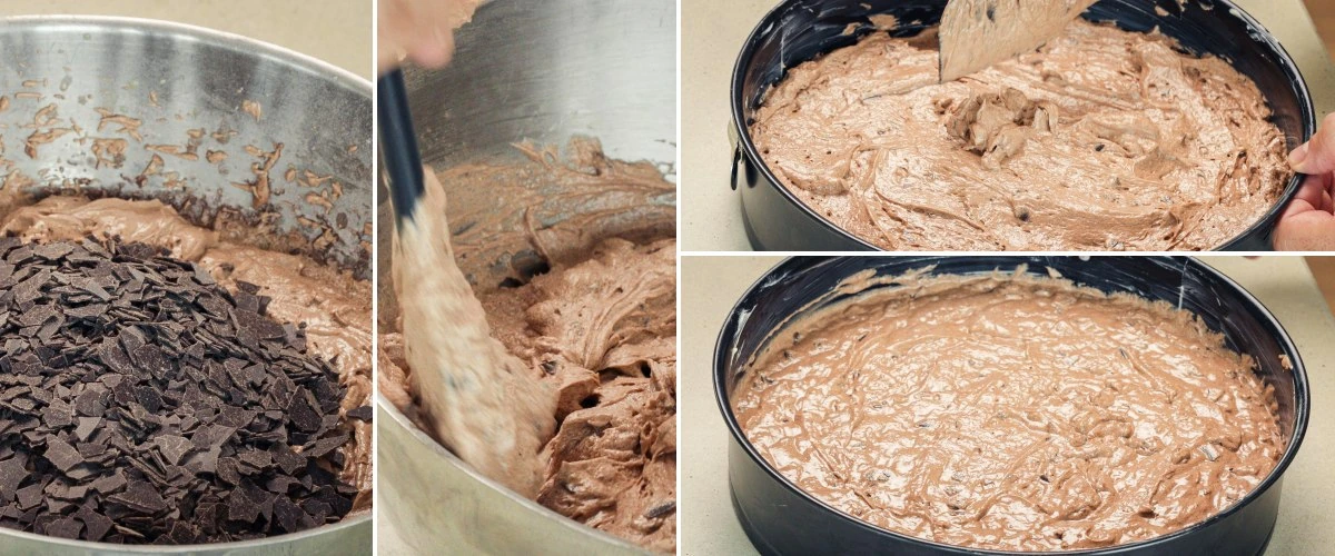 Folding grated dark chocolate into cake batter and pouring it into a springform pan, third step for baking a cannabis space cake