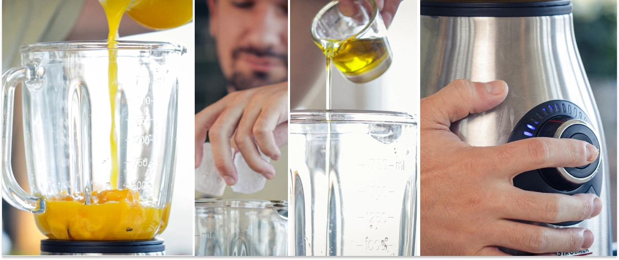 Adding chopped mango, mint, ice cubes, cannabis MCT oil, and lecithin into a blender jug before blending.