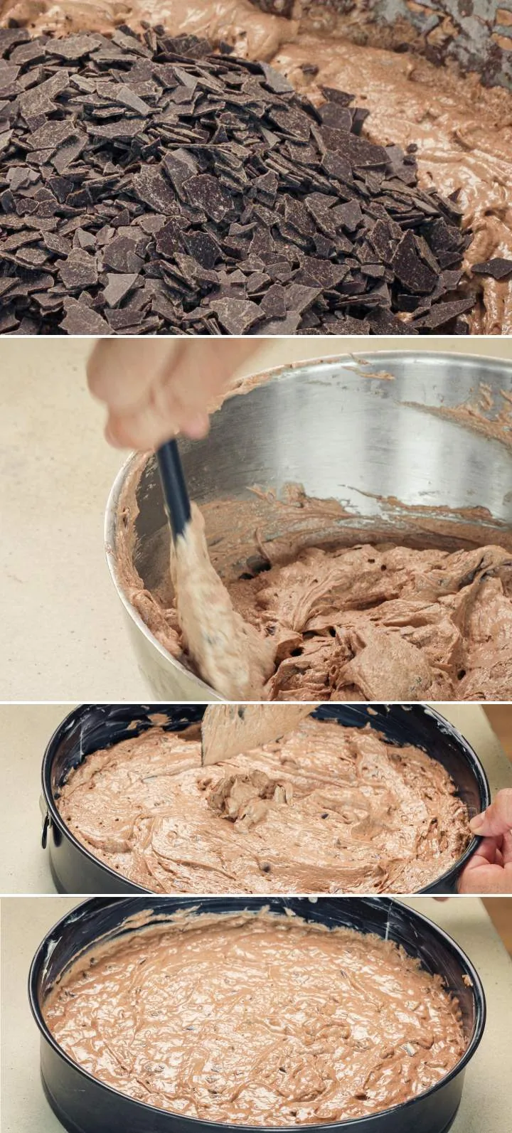 Folding grated dark chocolate into cake batter and pouring it into a springform pan, third step for baking a cannabis space cake