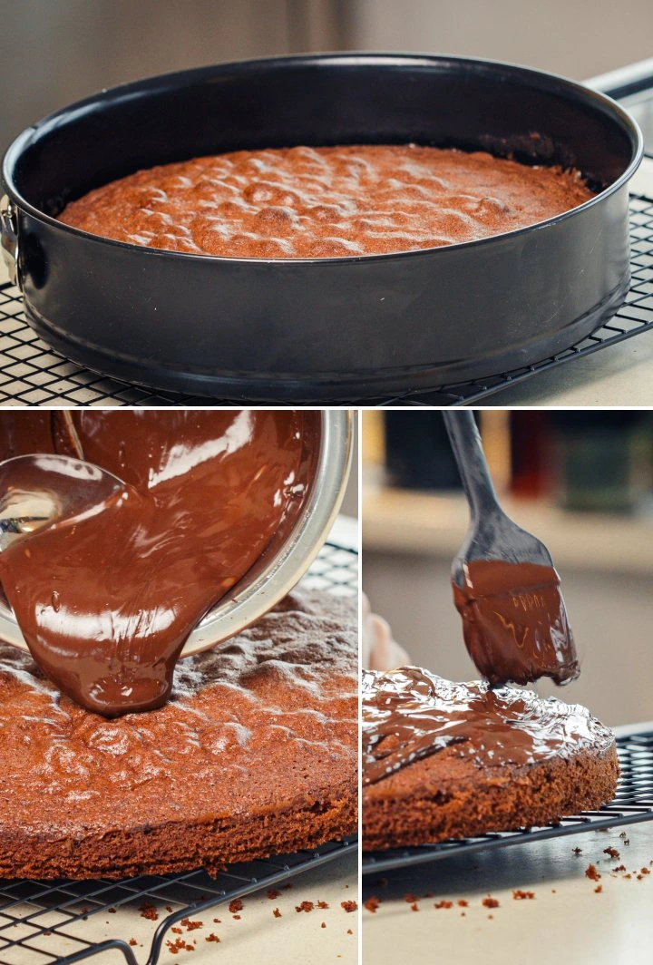 Pouring melted dark chocolate over a cooled space cake and spreading it evenly, fourth step for finishing a cannabis space cake