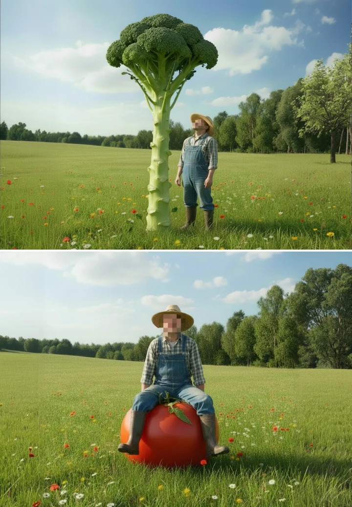 Surreal GrowHauzz image showing a giant broccoli and oversized tomato in a sunny field, representing big growing ideas and bold cultivation thinking
